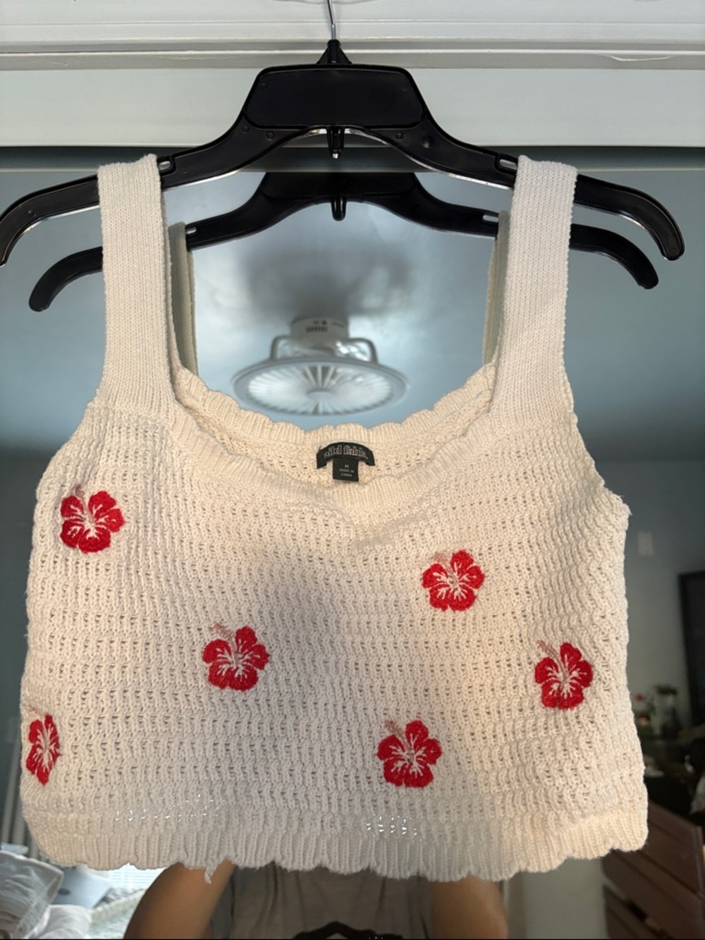 Forever 21 Cream Crochet Crop Top with Red Floral Embroidery